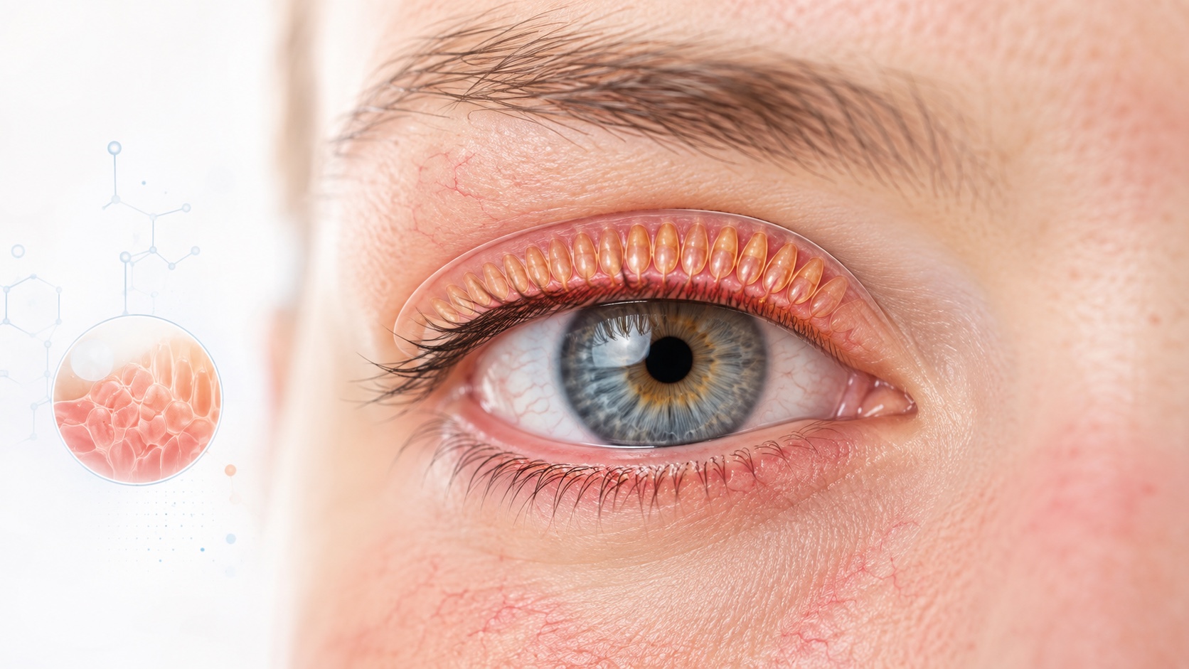 Ilustración médica de un ojo con inflamación del borde palpebral y glándulas de Meibomio